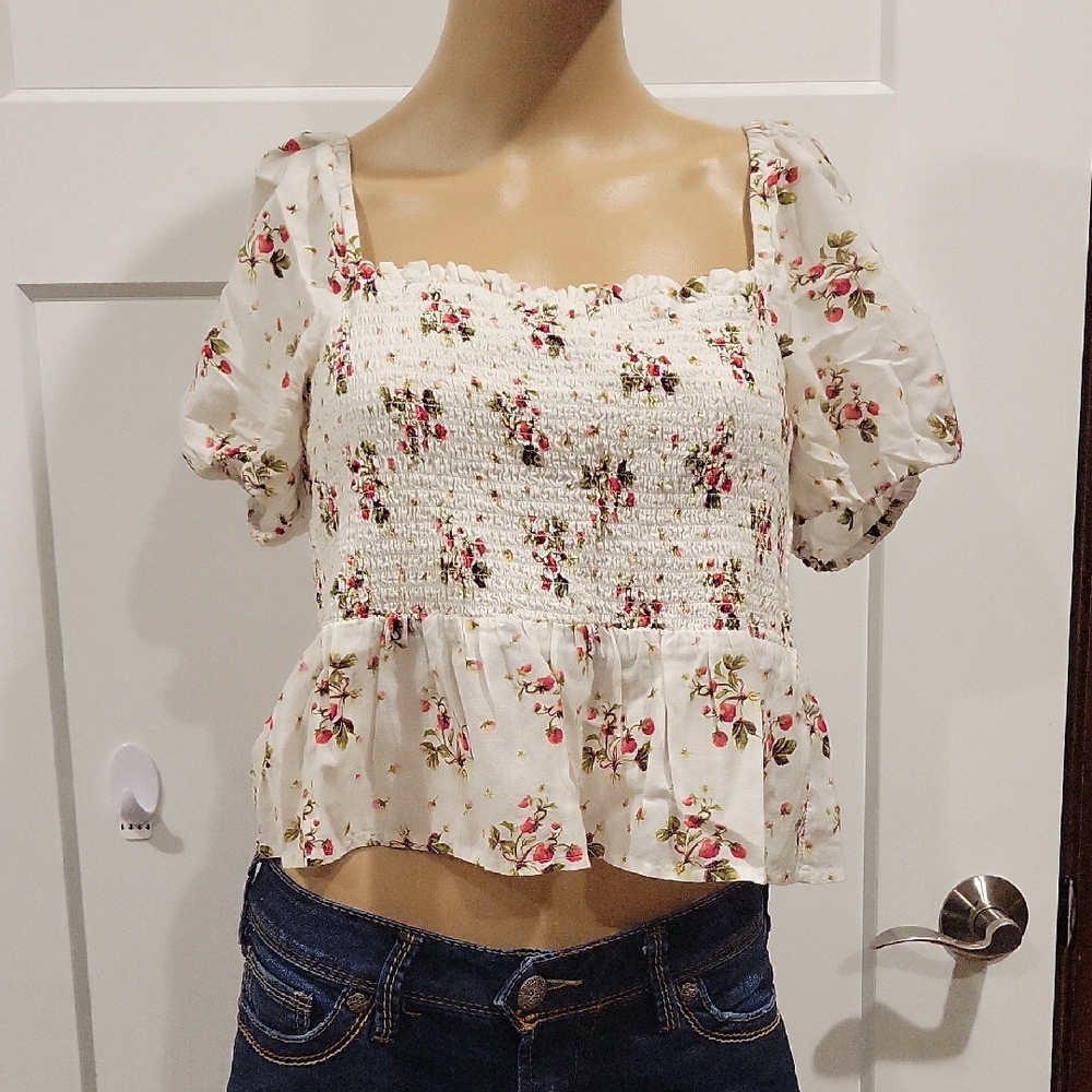 J. Crew White Floral Smocked Blouse